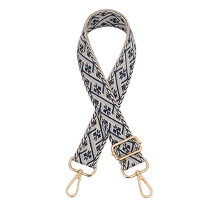 Ethnic wide adjustable woven shoulder strap with blue geometric embroidery and gold hooks