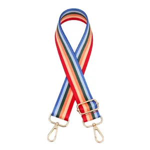 Detail showing the adjustable rainbow striped strap with gold metal lobster clasps