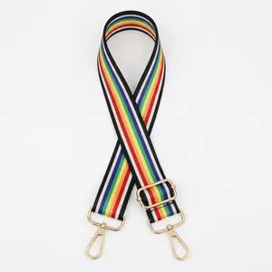 Detail of colorful rainbow striped bag strap with premium gold metal hooks and buckle