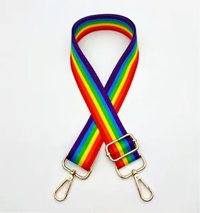 Close-up of rainbow striped nylon strap with adjustable golden metal lobster clasps