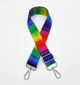 Close-up of rainbow striped nylon bag strap with silver metal swivel hooks and buckle