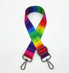 Close-up of adjustable rainbow striped bag strap with matte metal hooks and slide buckle