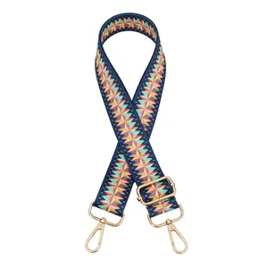 Détail de la bandoulière de rechange géométrique colorée avec mousquetons dorés