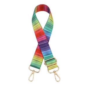 Adjustable rainbow striped bag strap with gold metal hooks and high-density fabric weave