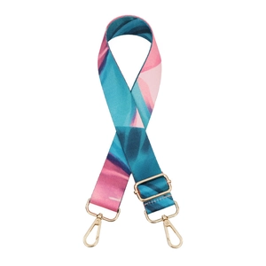 Adjustable rainbow striped bag strap with abstract colorful pattern and gold metal hooks