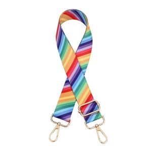 Adjustable rainbow striped bag strap with premium gold metal swivel hooks and buckles