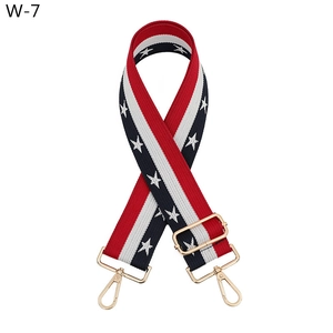 Close-up of red and blue star pattern jacquard bag strap with gold metal lobster clasps