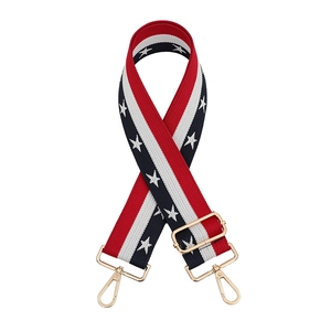 Adjustable crossbody bag strap with red, white, and blue star patterns and gold hardware