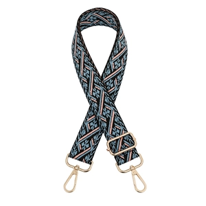 Ethnic jacquard adjustable bag strap with blue floral patterns and gold metal hooks