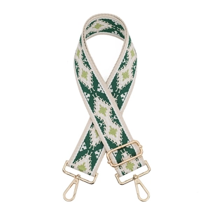 Ethnic style woven wide shoulder strap with green geometric patterns and gold clips