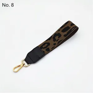 Detail view of leopard print bag strap featuring a gold lobster clasp and faux leather tab
