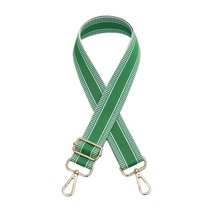 Adjustable green and white striped crossbody bag strap with gold metal rotating hooks