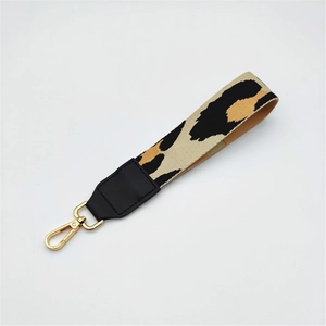 Leopard print woven canvas wrist strap with gold metal lobster clasp for keys and bags