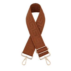 Adjustable wide tan woven shoulder strap with geometric pattern and gold hardware