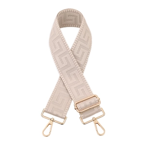 Beige geometric pattern wide bag strap with gold metal swivel snap hooks for crossbody use