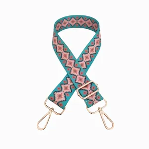 Close-up of ethnic geometric pattern bag strap with light gold metal swivel hooks