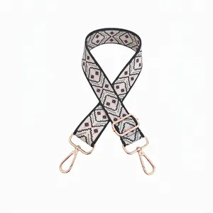 Ethnic geometric pattern bag strap with gold metal hooks and adjustable buckle length