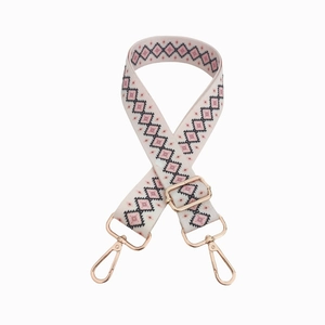 Ethnic style adjustable replacement wide bag strap with pink geometric diamond pattern