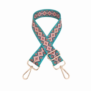 Adjustable geometric woven bag strap in turquoise with gold-tone swivel lobster hooks