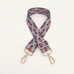 Detail of adjustable geometric ethnic pattern wide strap with gold metal lobster clasps