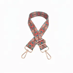 Detail of adjustable geometric ethnic style bag strap with gold metal hooks