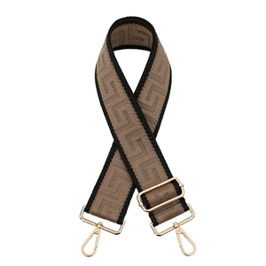 Wide adjustable crossbody bag strap with brown geometric pattern and gold hardware