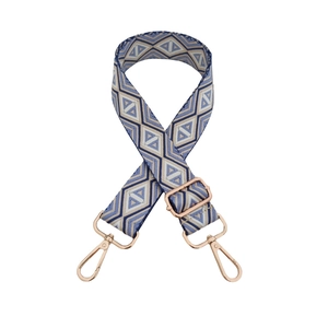 Adjustable bohemian style woven shoulder strap with blue geometric diamond pattern