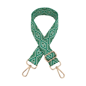 Adjustable green and beige geometric woven shoulder strap with gold metal hooks