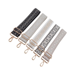 Adjustable wide jacquard bag straps with bohemian geometric patterns and gold buckles