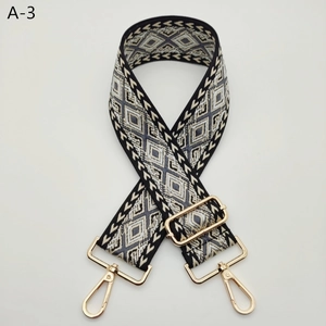 Detail of jacquard woven geometric bag strap with premium gold metal swivel hooks