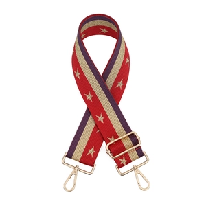 Adjustable wide ethnic bag strap with red purple gold stripes and star patterns
