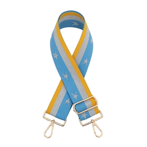 Adjustable wide ethnic star bag strap with yellow and blue stripes and gold metal hardware