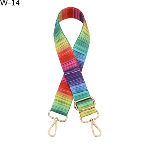 Adjustable rainbow fabric bag strap with golden metal swivel hooks and buckles
