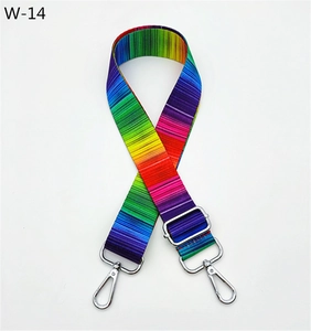 Close-up of adjustable wide woven shoulder strap with vibrant rainbow gradient and silver buckles