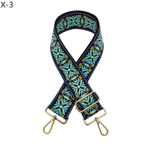 Close-up of ethnic geometric weave bag strap with golden metal lobster clasps