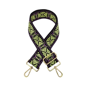 Adjustable wide ethnic style shoulder strap with green and purple geometric patterns