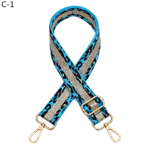 Détail de la bandoulière réglable imprimé léopard bleu avec rayure dorée et mousquetons