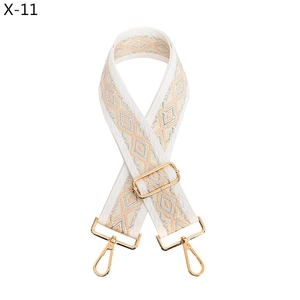 Detail of adjustable geometric jacquard guitar style wide bag strap with gold metal hooks