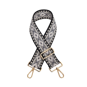 Adjustable crossbody bag strap with geometric rhombus pattern and gold metal hooks