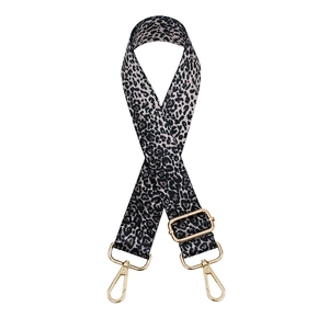 Adjustable leopard print bag strap with golden metal swivel hooks and hardware for handbags
