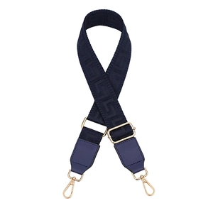 Adjustable navy blue woven purse strap with golden hardware and leather ends
