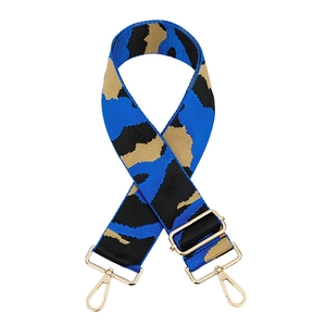 Adjustable wide replacement shoulder strap with blue camo leopard pattern and gold hardware