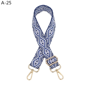 Detail of adjustable wide shoulder strap with blue and cream geometric diamond weave