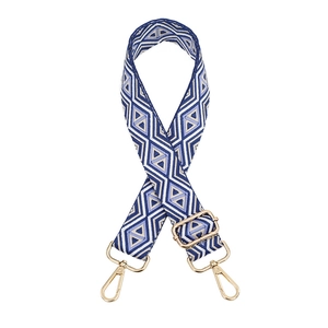 Adjustable geometric diamond pattern bag strap with blue and gold metal clasps