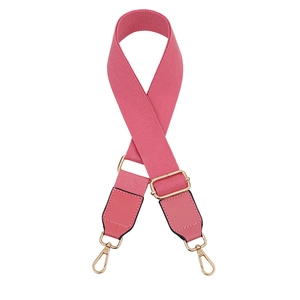 Adjustable pink canvas bag strap with golden metal hooks and leather connectors