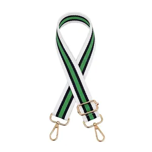 Adjustable green white and blue striped replacement bag strap with gold metal hooks