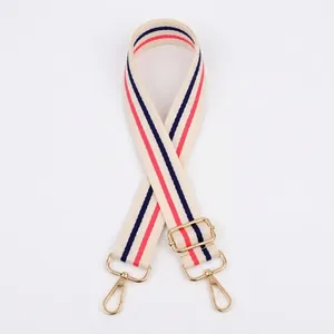 Close-up of navy and coral striped fabric bag strap with adjustable gold metal hardware