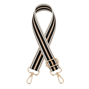 Adjustable striped woven bag strap with golden metal hardware and lobster clasps