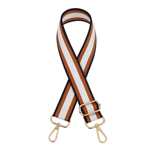 Adjustable striped canvas shoulder strap with navy blue and gold metal hooks