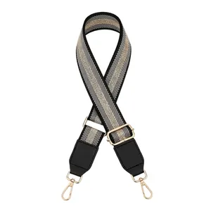 Detail of adjustable 3-color striped bag strap with gold glitter and black leather ends